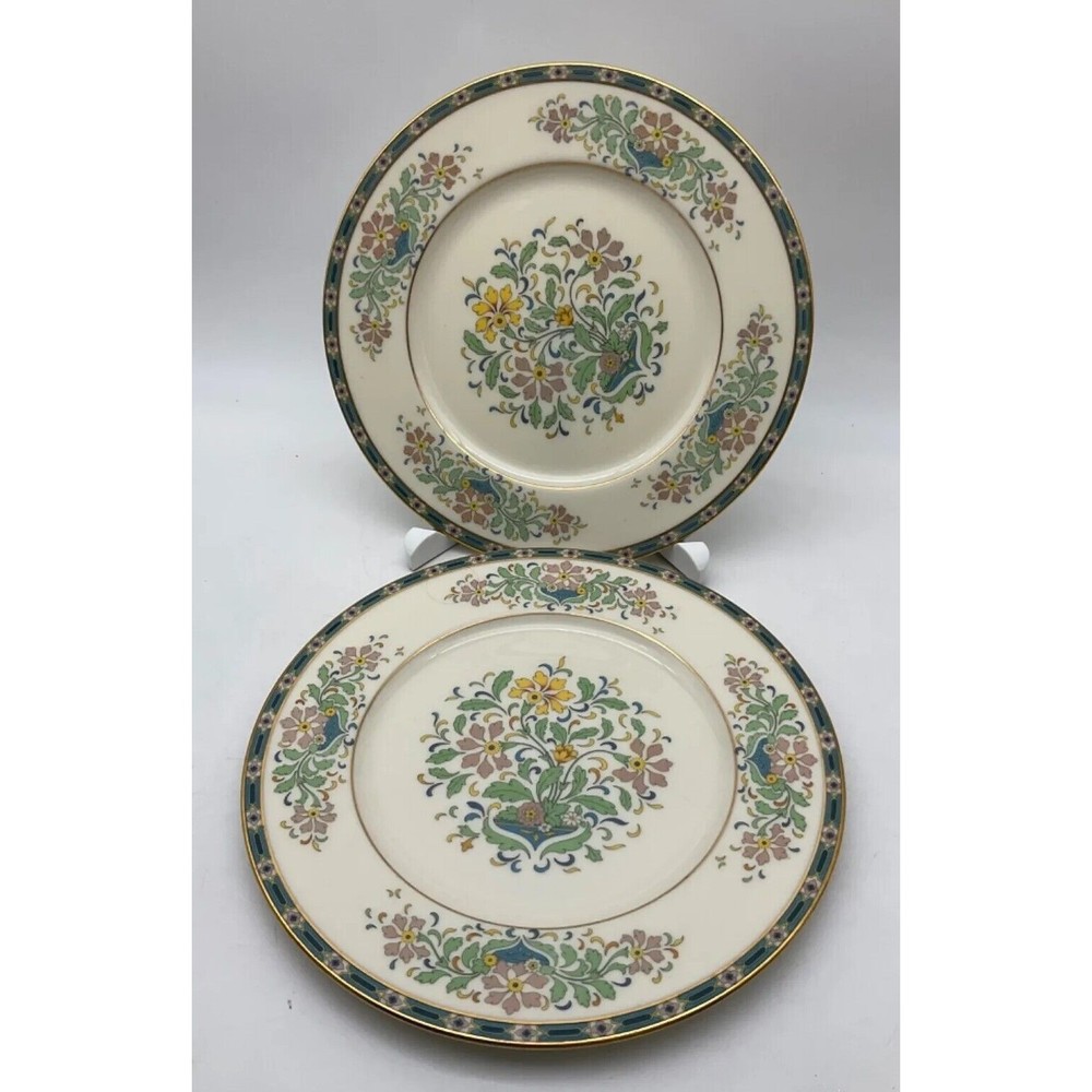 Lenox Mystic Dinner Plates Patent Applied For Circa 1928 Set 2 Ivory Floral